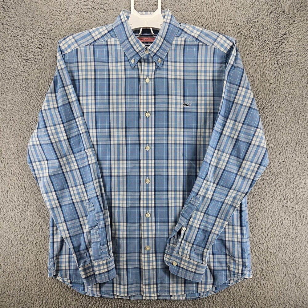 Vineyard Vines Mens Medium Blue Plaid Cotton Long Sleeve Collegiate Button Shirt